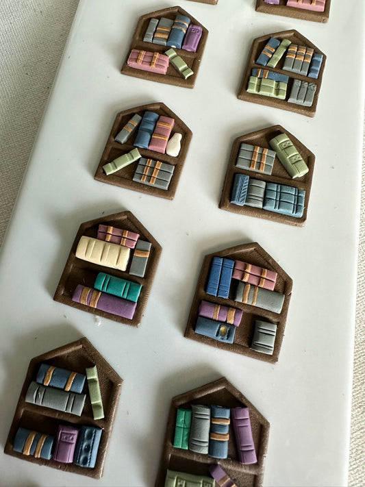 Book Nook Earrings – Cosy Shelf | Forest & Fog Palette | Gold Hex Stud