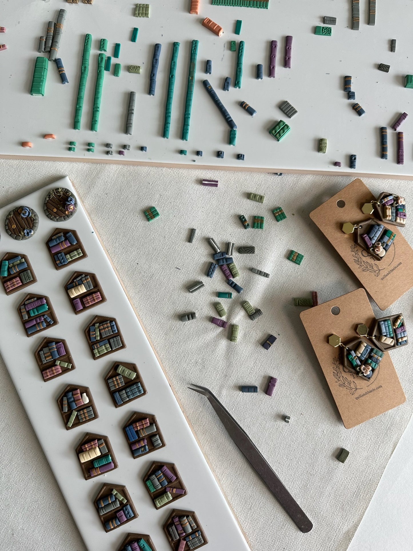 Book Nook Earrings – Cosy Shelf | Forest & Fog Palette | Gold Hex Stud