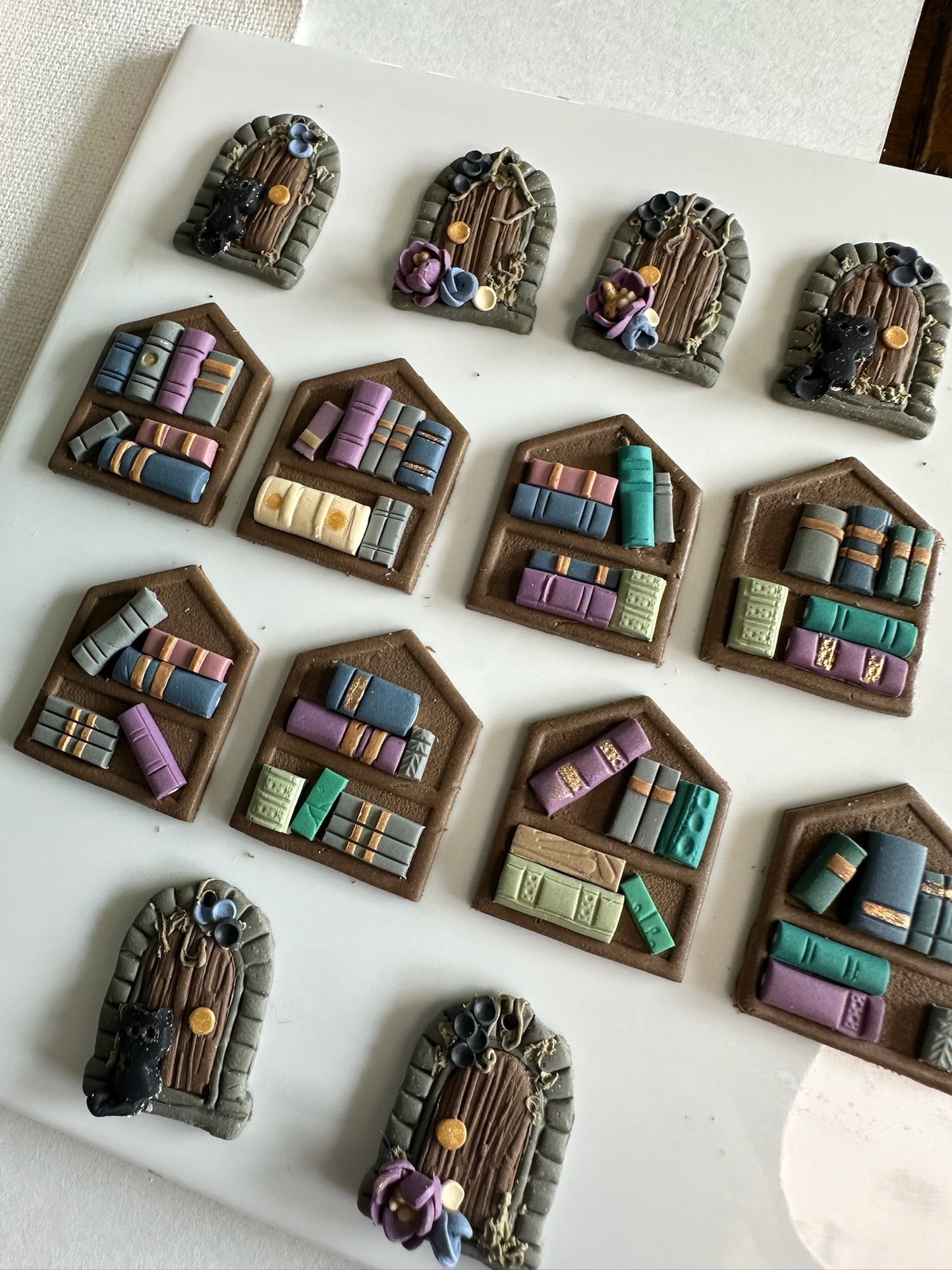 Book Nook Earrings – Cosy Shelf | Forest & Fog Palette | Gold Hex Stud