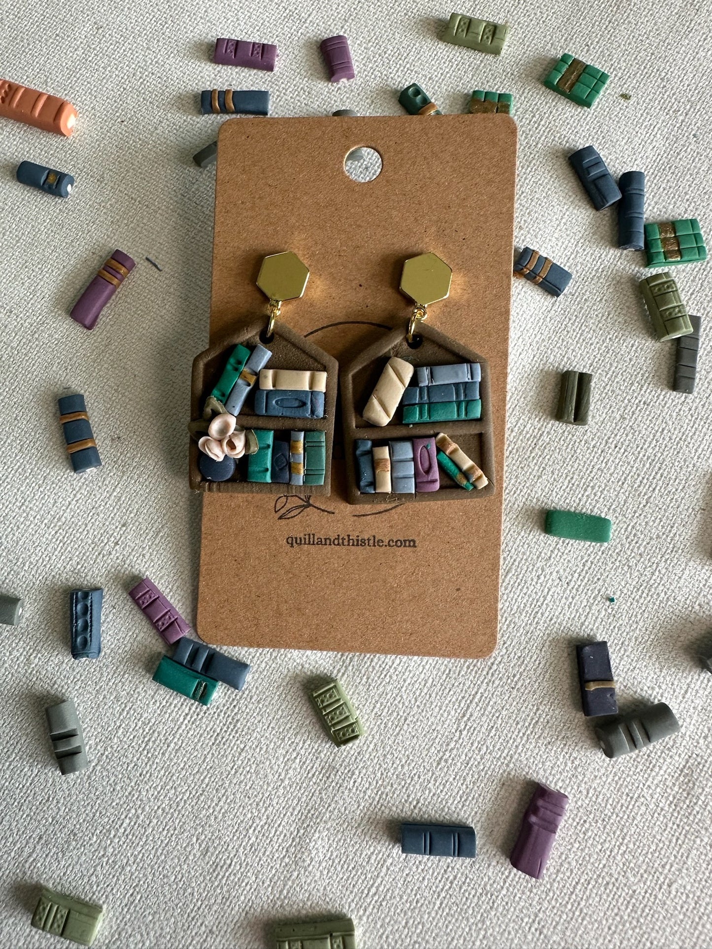 Book Nook Earrings – Cosy Shelf | Forest & Fog Palette | Gold Hex Stud
