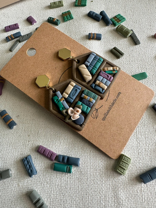 Book Nook Earrings – Cosy Shelf | Forest & Fog Palette | Gold Hex Stud