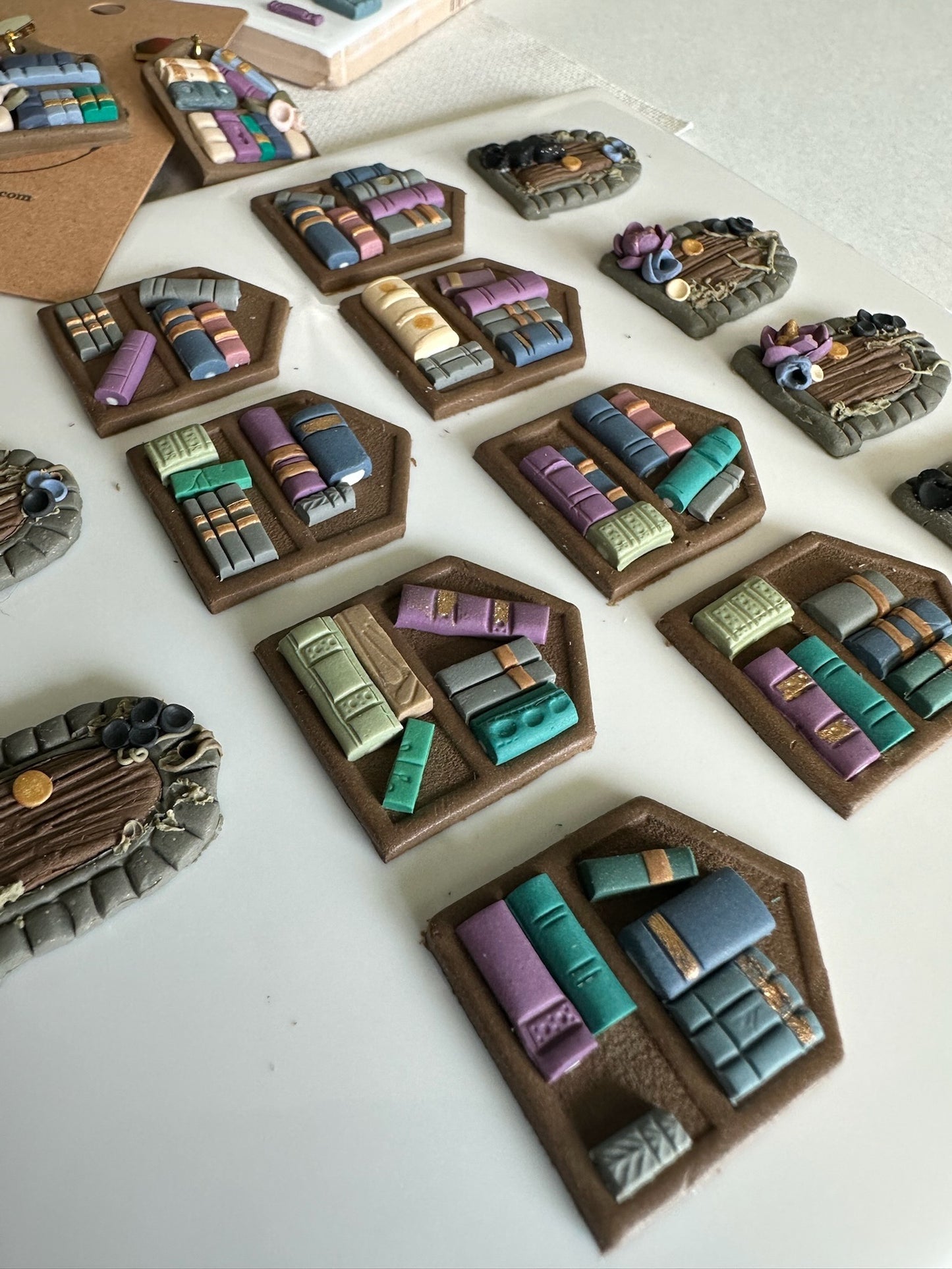 Book Nook Earrings – Cosy Shelf | Forest & Fog Palette | Gold Hex Stud